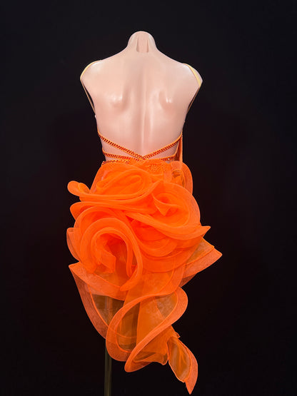 JUM.L018FCD Orange Latin Dance Dress with Rhinestone Embellishments and Fringe Details