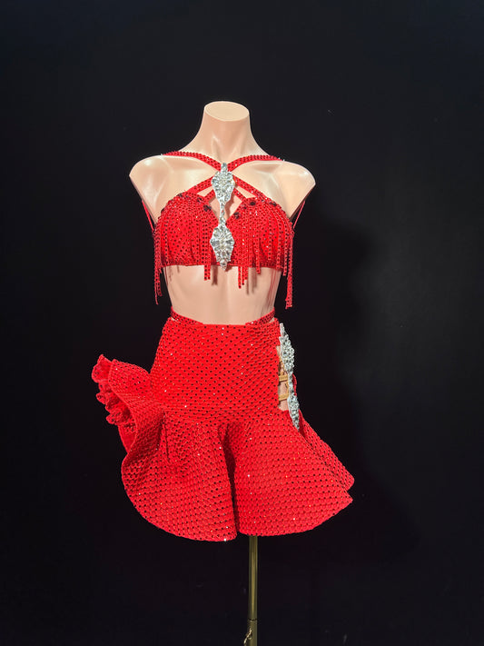 JUM.L019FCD Red Latin Dance Costume Set with Rhinestone Embellishments and Fringe Details