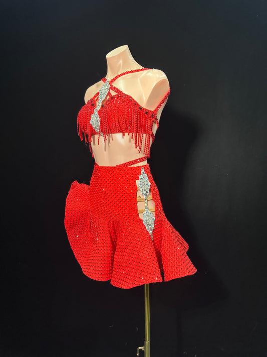 JUM.L019FCD Red Latin Dance Costume Set with Rhinestone Embellishments and Fringe Details