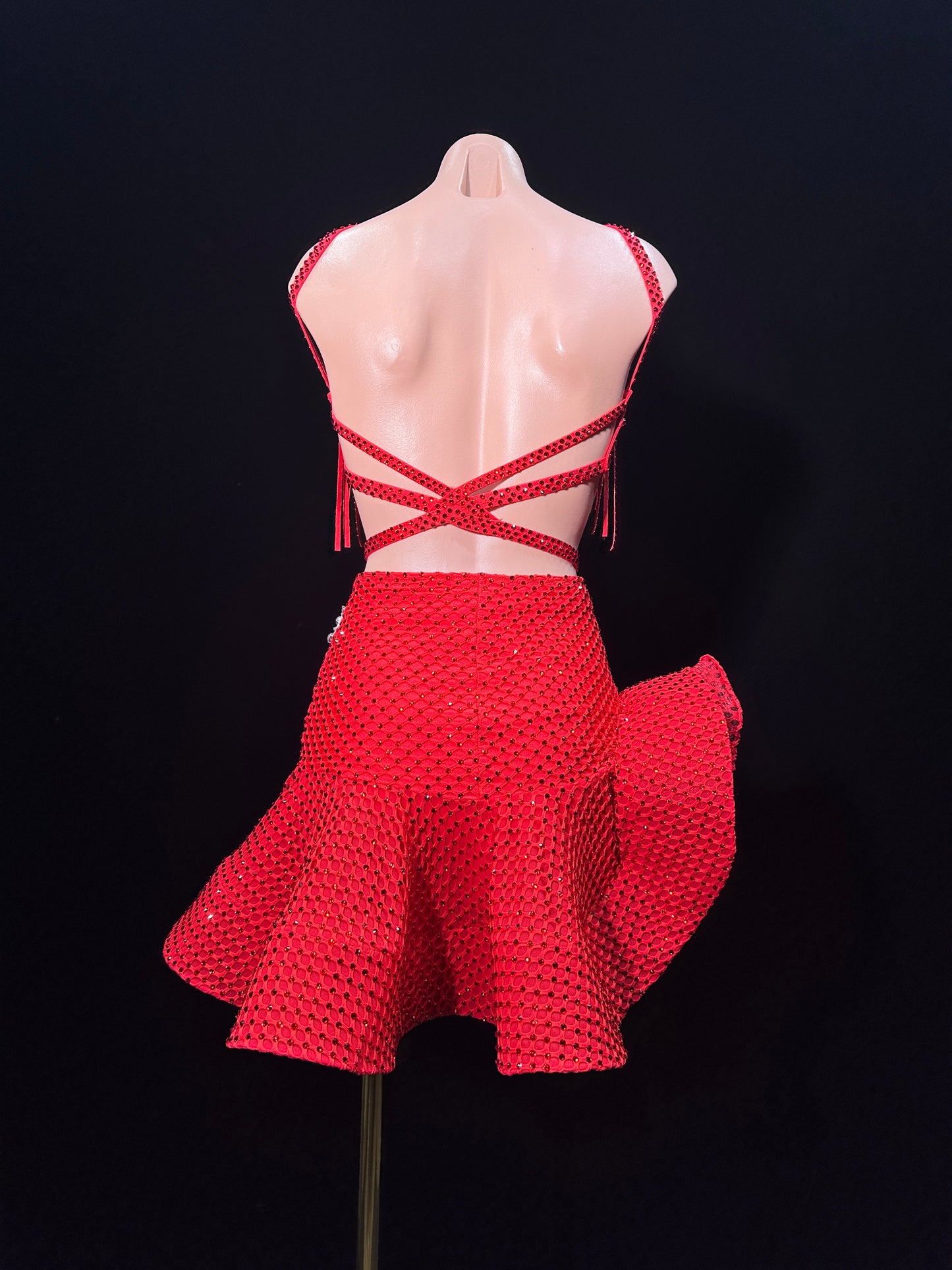 JUM.L019FCD Red Latin Dance Costume Set with Rhinestone Embellishments and Fringe Details