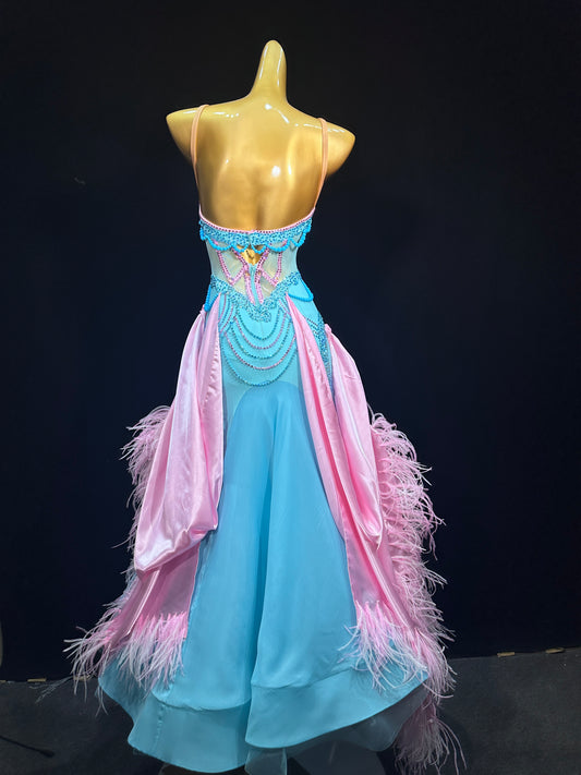 JUM.B009FCD Blue and Pink Ballroom Dance Dress with Feather and Rhinestone Accents