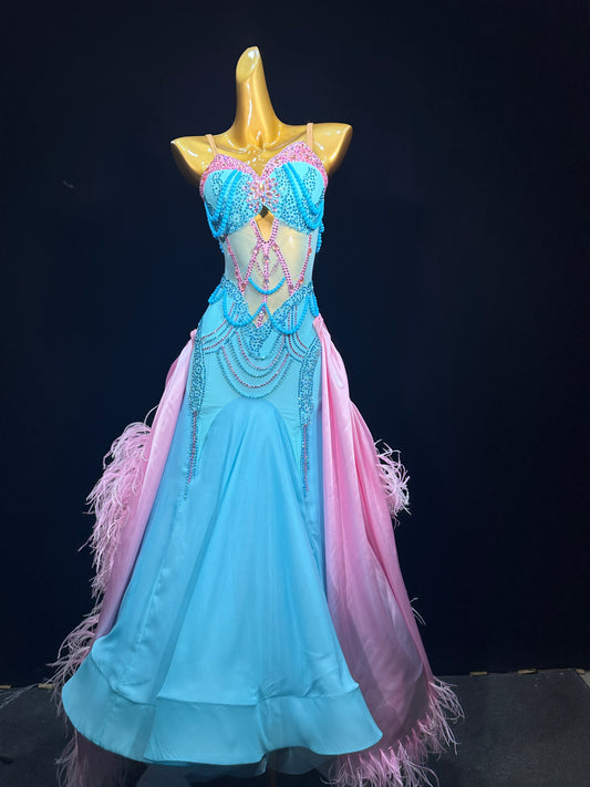 JUM.B009FCD Blue and Pink Ballroom Dance Dress with Feather and Rhinestone Accents