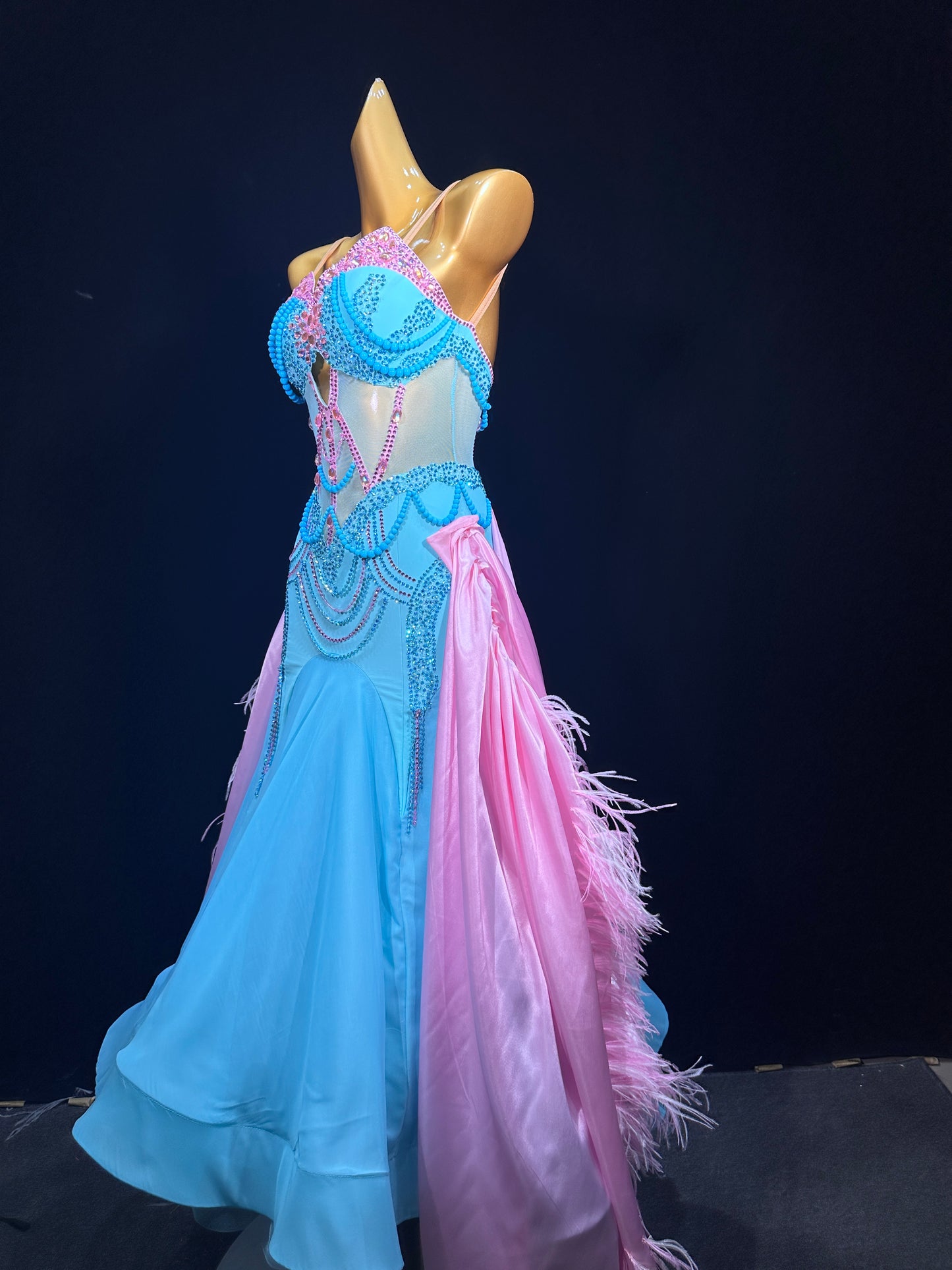 JUM.B009FCD Blue and Pink Ballroom Dance Dress with Feather and Rhinestone Accents