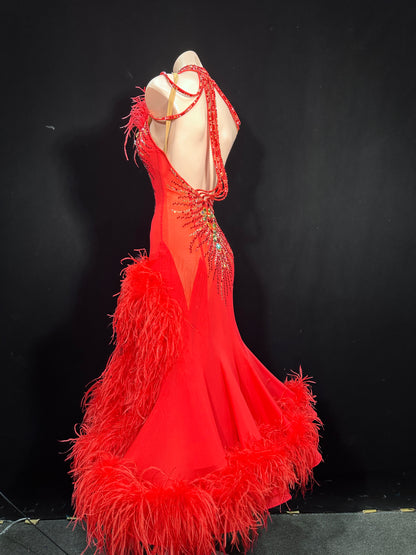 JUM.B010FCD Red Ballroom Dance Dress with Feather Trims and Rhinestone Embellishments
