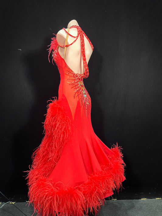 JUM.B010FCD Red Ballroom Dance Dress with Feather Trims and Rhinestone Embellishments