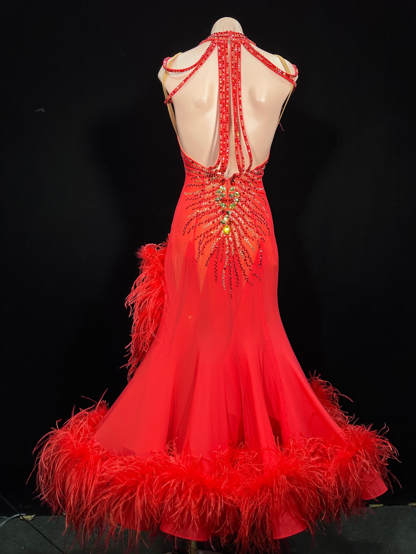 JUM.B010FCD Red Ballroom Dance Dress with Feather Trims and Rhinestone Embellishments
