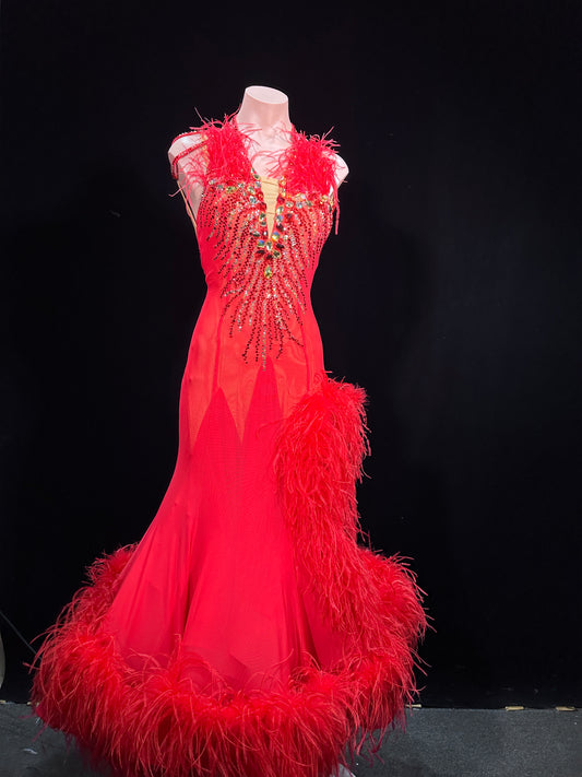 JUM.B010FCD Red Ballroom Dance Dress with Feather Trims and Rhinestone Embellishments