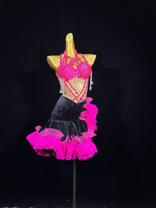 JUM.L020FCD Pink and Black Latin Dance Dress with Rhinestone and Lace Details