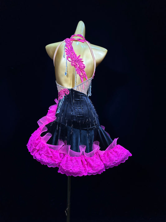 JUM.L020FCD Pink and Black Latin Dance Dress with Rhinestone and Lace Details