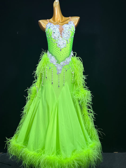 JUM.B0011FCD Lime Green Ballroom Dance Dress with Feather Trims and Rhinestone Floral Details