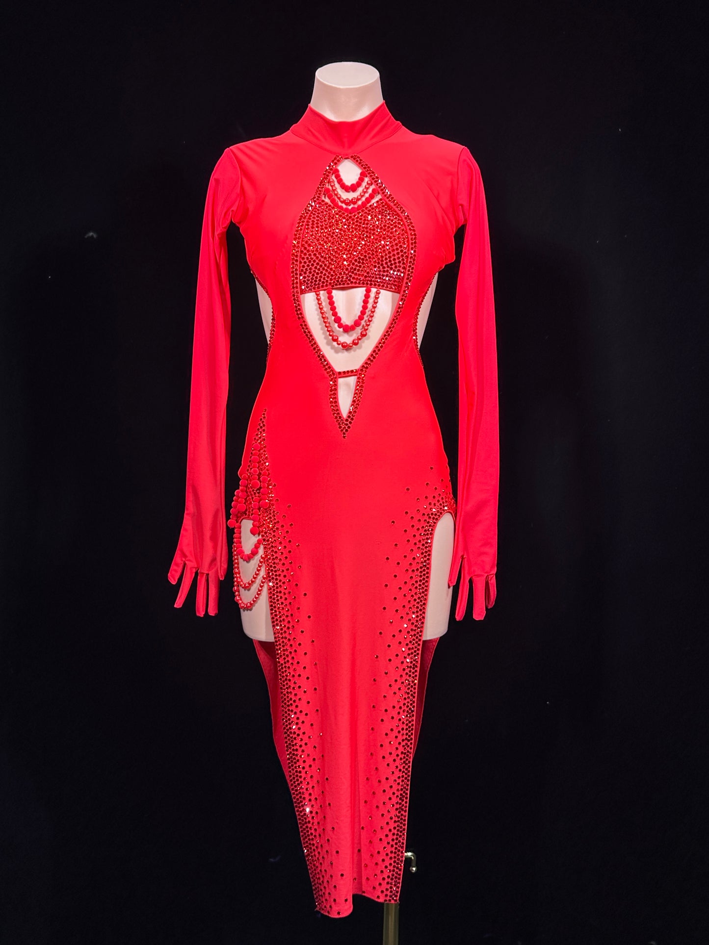 JUM.L021FCD Red Latin Dance Dress with Rhinestone Embellishments and Cutout Details