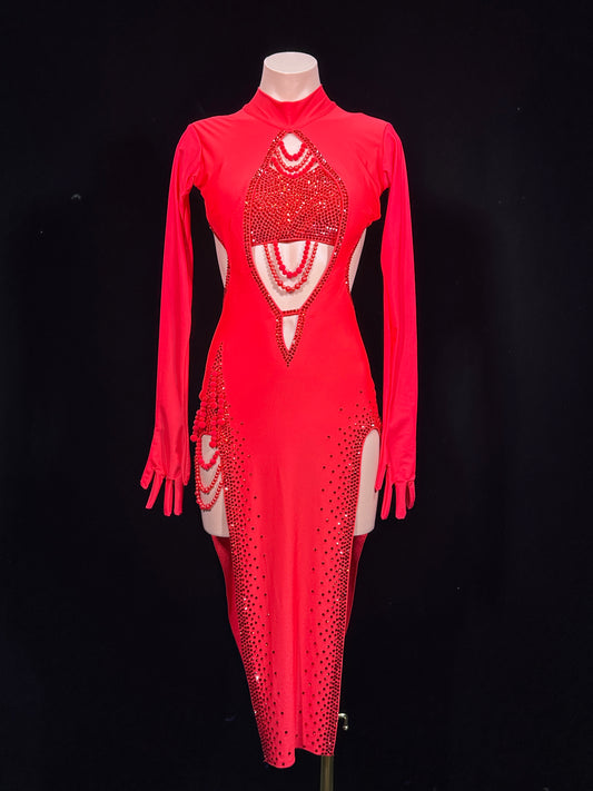 JUM.L021FCD Red Latin Dance Dress with Rhinestone Embellishments and Cutout Details