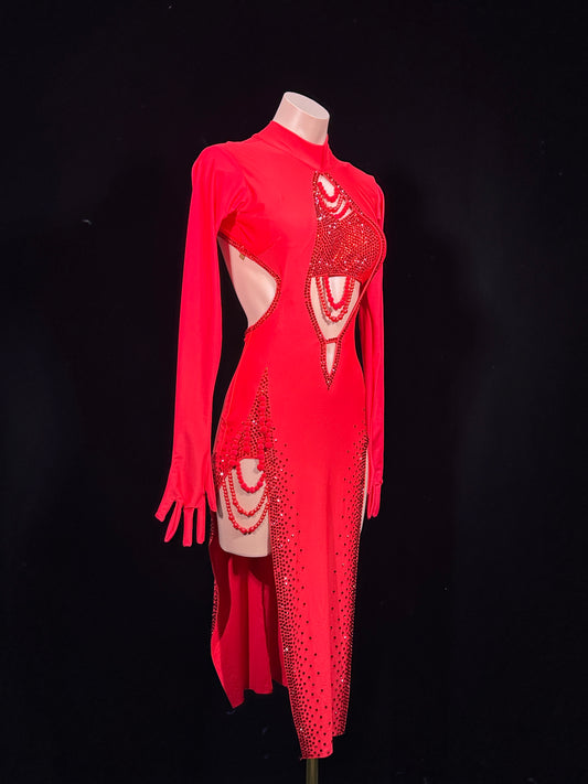 JUM.L021FCD Red Latin Dance Dress with Rhinestone Embellishments and Cutout Details