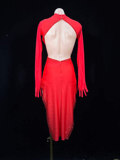JUM.L021FCD Red Latin Dance Dress with Rhinestone Embellishments and Cutout Details