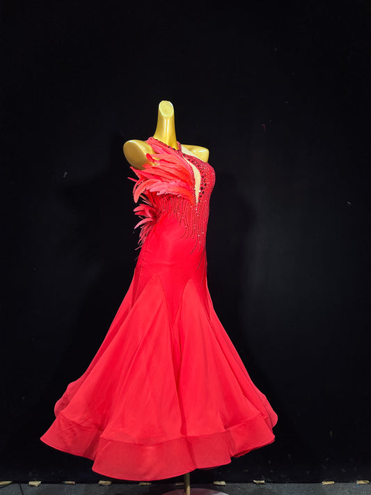 JUM.B012FCD Red Ballroom Dance Dress with Feather Accents and Rhinestone Detailing