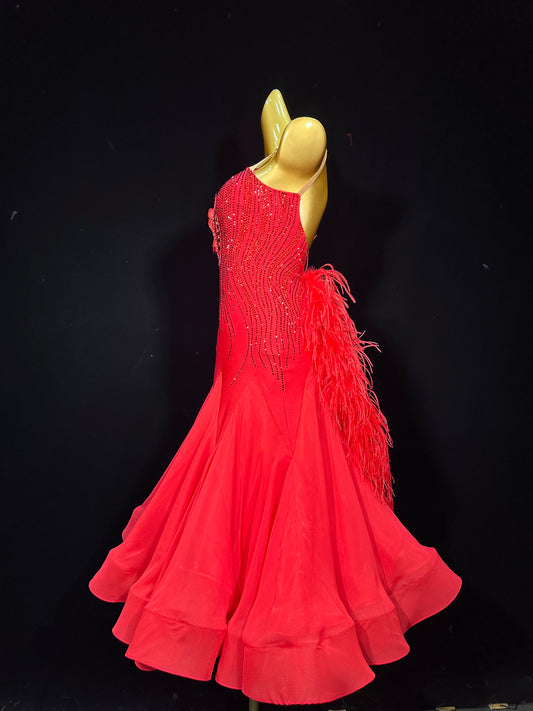 JUM.B012FCD Red Ballroom Dance Dress with Feather Accents and Rhinestone Detailing