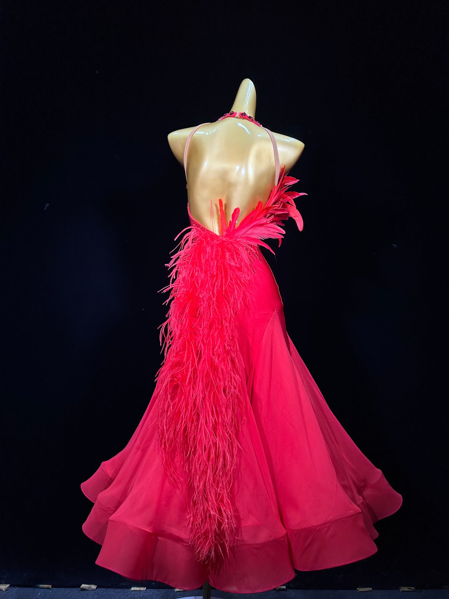 JUM.B012FCD Red Ballroom Dance Dress with Feather Accents and Rhinestone Detailing