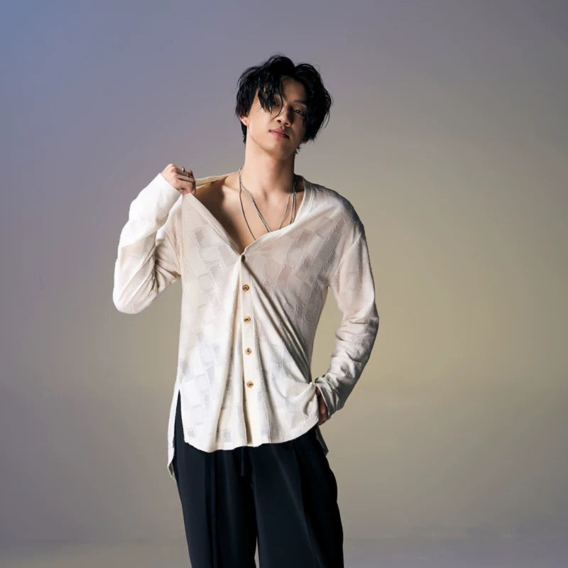 DUYQ.New Men-002 Checkered Boy V-neck Long-sleeve Standard Latin Dance Practice Top