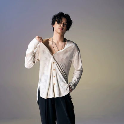 DUYQ.New Men-002 Checkered Boy V-neck Long-sleeve Standard Latin Dance Practice Top