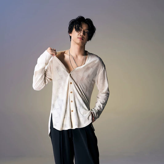 DUYQ.New Men-002 Checkered Boy V-neck Long-sleeve Standard Latin Dance Practice Top