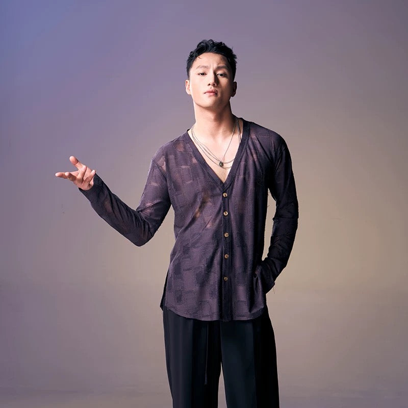DUYQ.New Men-002 Checkered Boy V-neck Long-sleeve Standard Latin Dance Practice Top