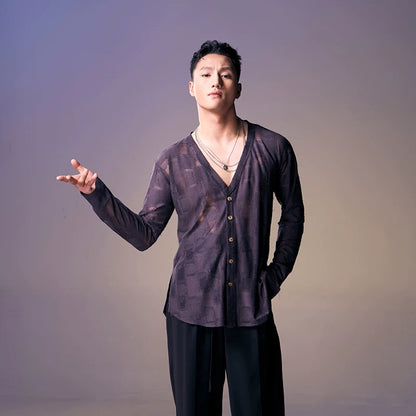 DUYQ.New Men-002 Checkered Boy V-neck Long-sleeve Standard Latin Dance Practice Top