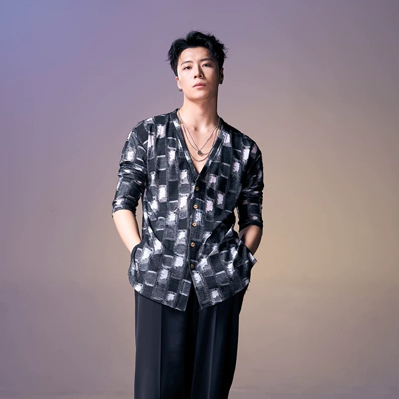 DUYQ.New Men-002 Checkered Boy V-neck Long-sleeve Standard Latin Dance Practice Top