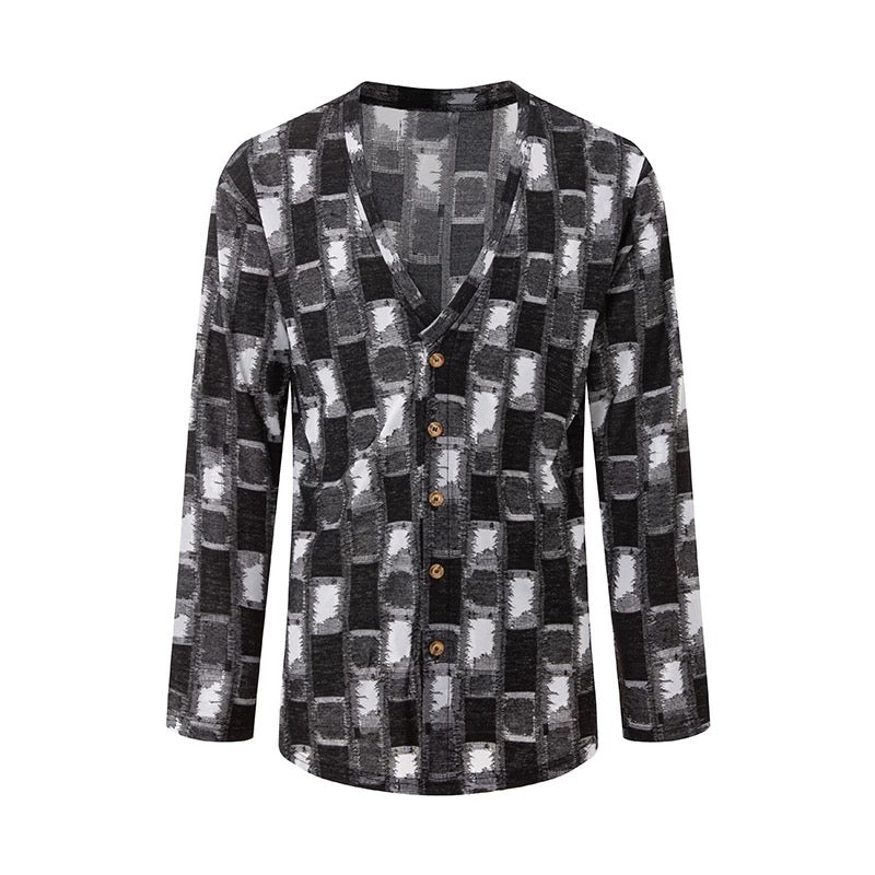 DUYQ.New Men-002 Checkered Boy V-neck Long-sleeve Standard Latin Dance Practice Top