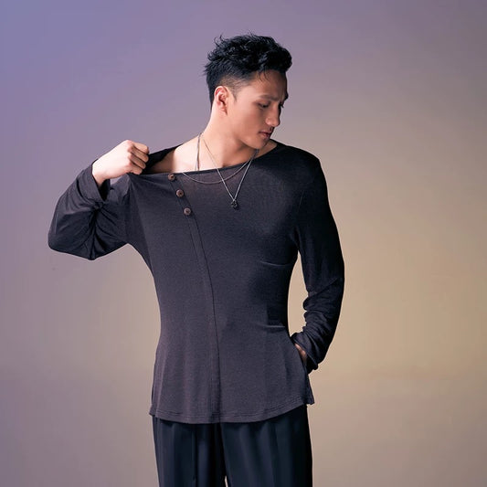 DUYQ.New Men-011 Minimalist Slim-fit Long-sleeve Top - Professional Standard Latin Dance Practice Wear for Daily Use
