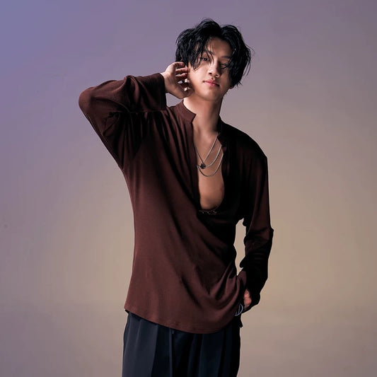 DUYQ.New Men-014 Deep V-neck Knit Long-sleeve Top - Professional Men's Standard Latin Dance Practice Wear