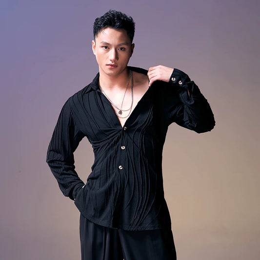 DUYQ.New Men-016 Wave Texture Shirt - Professional Men's Standard Latin Dance Practice Wear for Daily Use