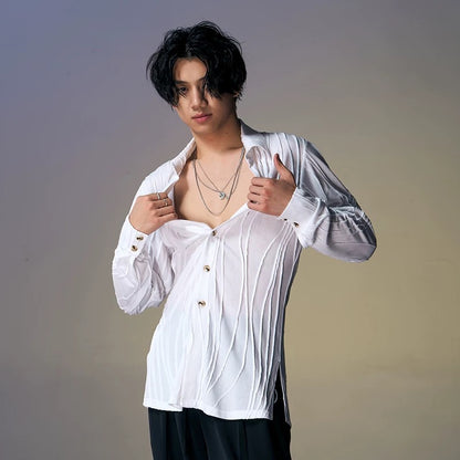 DUYQ.New Men-016 Wave Texture Shirt - Professional Men's Standard Latin Dance Practice Wear for Daily Use