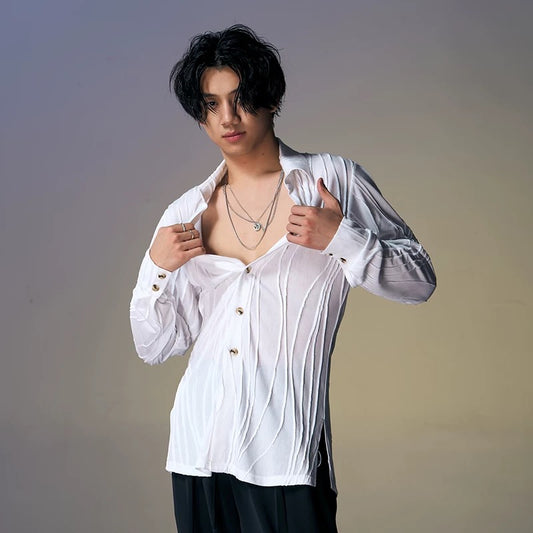 DUYQ.New Men-016 Wave Texture Shirt - Professional Men's Standard Latin Dance Practice Wear for Daily Use