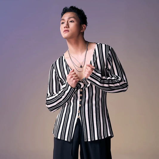 DUYQ.New Men-020 V-neck Long-sleeve Color-block Striped Top - Professional Men's Standard Latin Dance Practice Wear