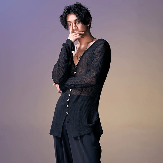 DUYQ.New Men-020 V-neck Long-sleeve Color-block Striped Top - Professional Men's Standard Latin Dance Practice Wear