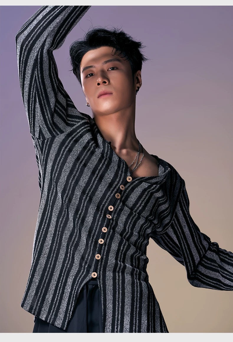 DUYQ.New Men-020 V-neck Long-sleeve Color-block Striped Top - Professional Men's Standard Latin Dance Practice Wear