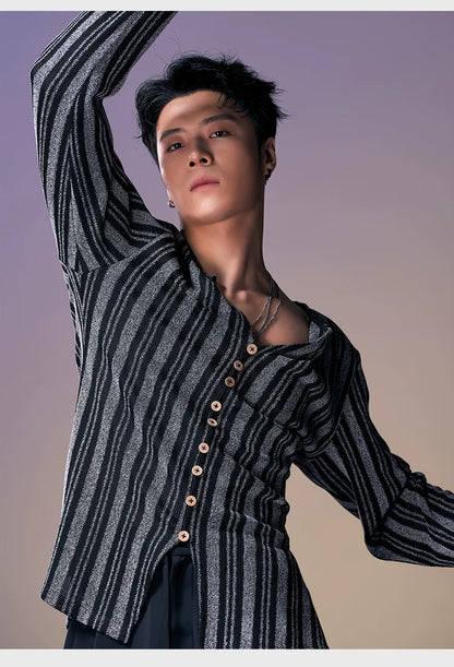 DUYQ.New Men-020 V-neck Long-sleeve Color-block Striped Top - Professional Men's Standard Latin Dance Practice Wear