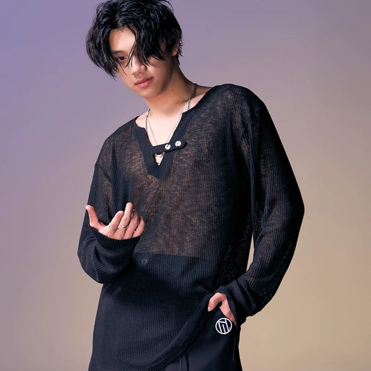 DUYQ.New Men-012 V-neck Knit Long-sleeve Top - Professional Standard Latin Dance Practice Wear for Daily Use