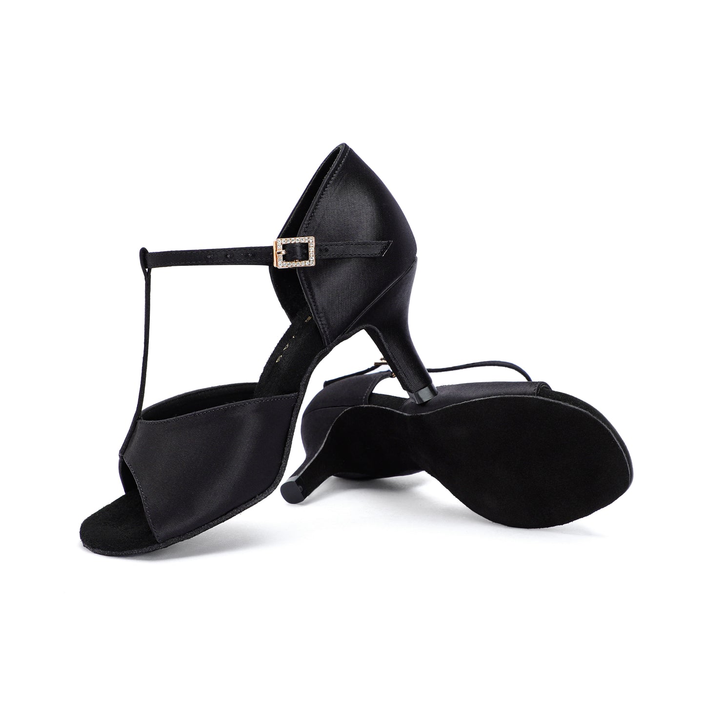 A pair of black ladies' Latin dance shoes with ankle straps and high heels, displayed against a white background.