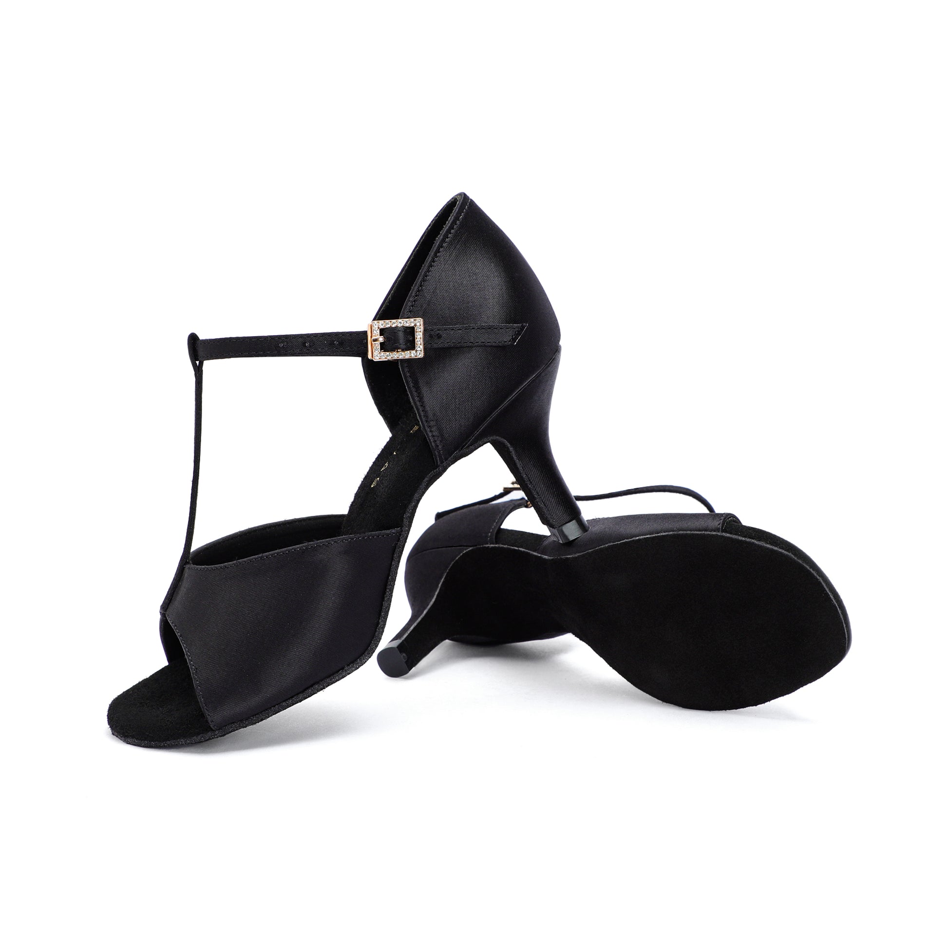 A pair of black ladies' Latin dance shoes with ankle straps and high heels, displayed against a white background.