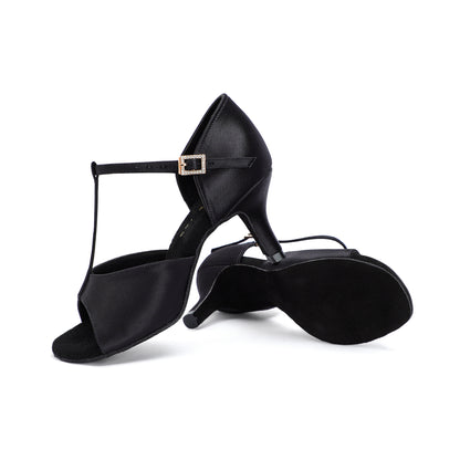 A pair of black ladies' Latin dance shoes with ankle straps and high heels, displayed against a white background.
