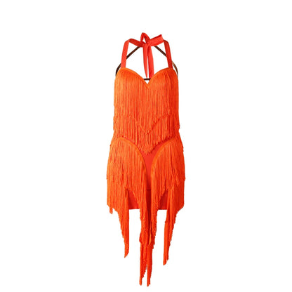 WJJdance Latin dance dress women's new neck strap arc tassel national standard practice suit competition