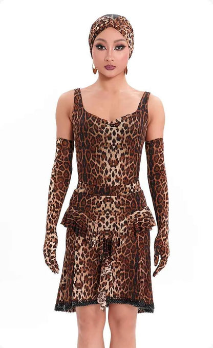 DUYQ "Leopard Hidden, Xia Ying" Latin 005basics leopard print one-piece top national standard women's Latin dance practice suit - Mine·Jas