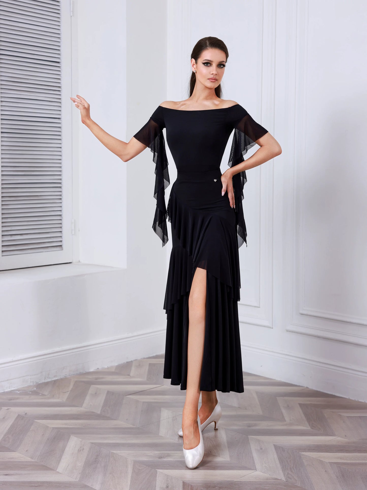 TID new ballroom practice top and skirt advanced one-word shoulder ballroom dance skirt and top B060/S039