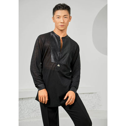 DONG XIN.NY707 dance suit Latin dance, Tencel splicing textured long-sleeved top, professional practice clothes