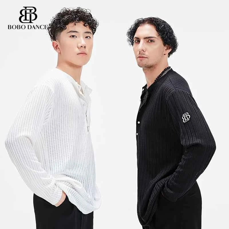 BOBO Men's Latin Dance Suit High-end Professional Practice Suit Adult Personality Performance Top Long Sleeve Dance Suit