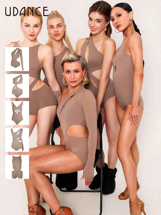 UDANCE Latin dance costume versatile bodysuit slanted shoulder hollow strap Latin dance practice clothes nude
