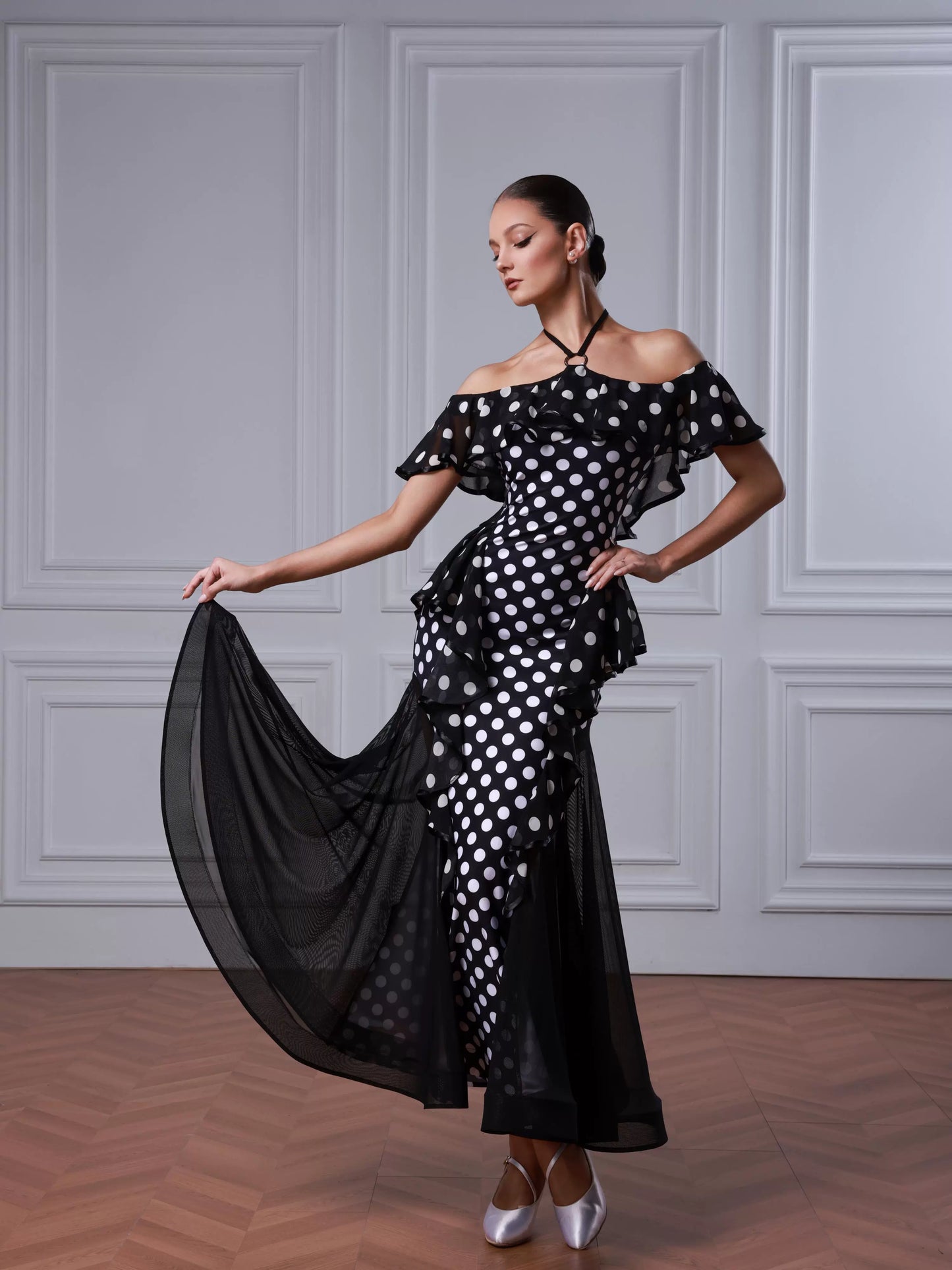 TID modern dance dress black and white polka dot lace dress high-end waltz swing dress