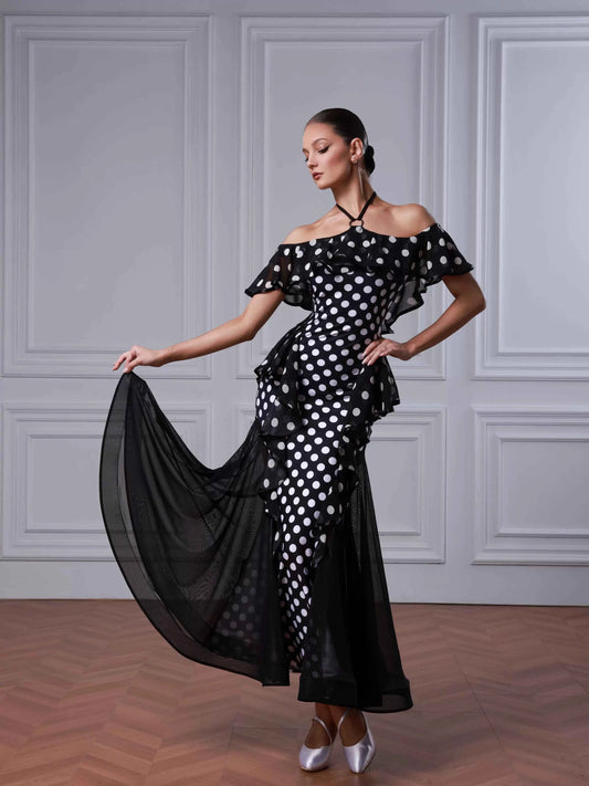 TID modern dance dress black and white polka dot lace dress high-end waltz swing dress