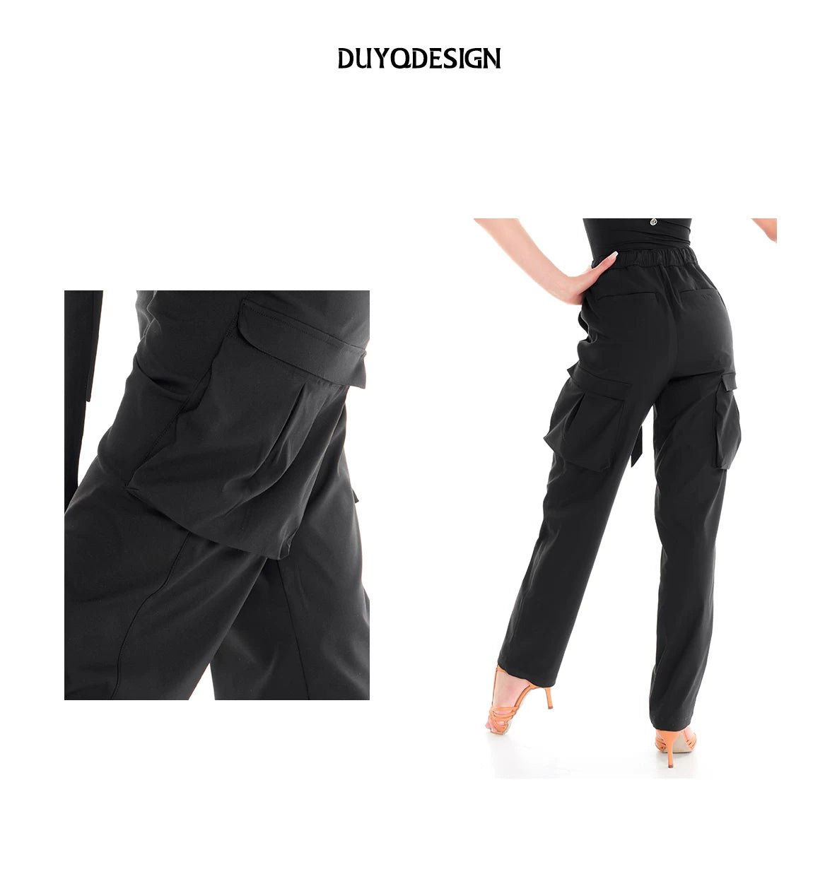 DUYQ "Female Teacher Series" 008 Black three-dimensional pocket drawstring elastic waist trousers Latin dance suit professional